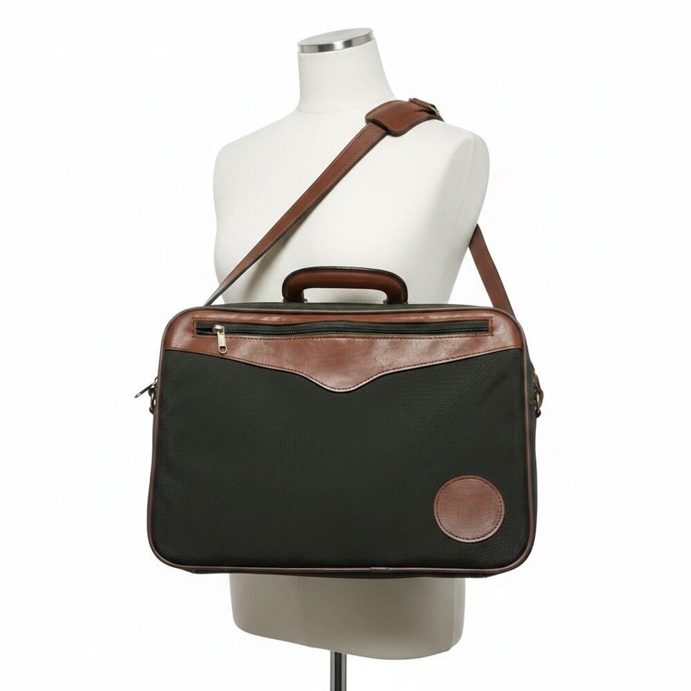 Bosca Leather & Canvas Messenger Bag Briefcase Green Brown Attache Laptop Work